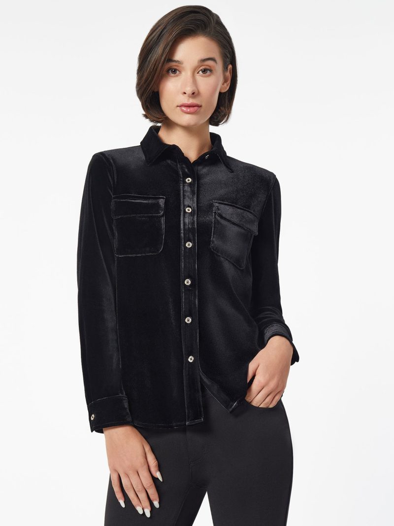 Button-Front Velour Utility Shirt in the Color Jones Black | Jones New York