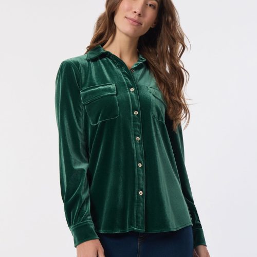 Button-Front Velour Utility Shirt in the Color Forest Green | Jones New York