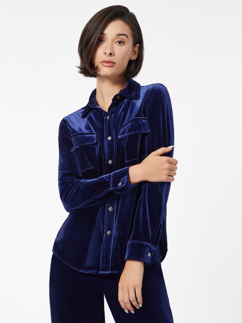 Button-Front Velour Utility Shirt in the Color Dark Sapphire | Jones New York