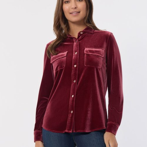 Button-Front Velour Utility Shirt in the Color Bordeaux | Jones New York