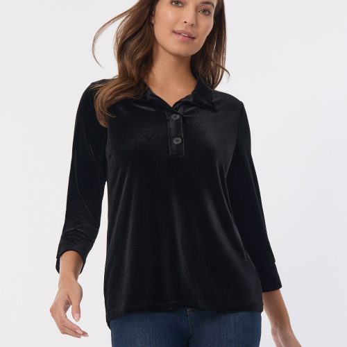 Velour Pop-Over Collar Top in the Color Jones Black | Jones New York