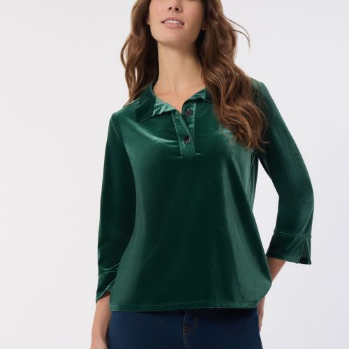 Velour Pop-Over Collar Top in the Color Forest Green | Jones New York