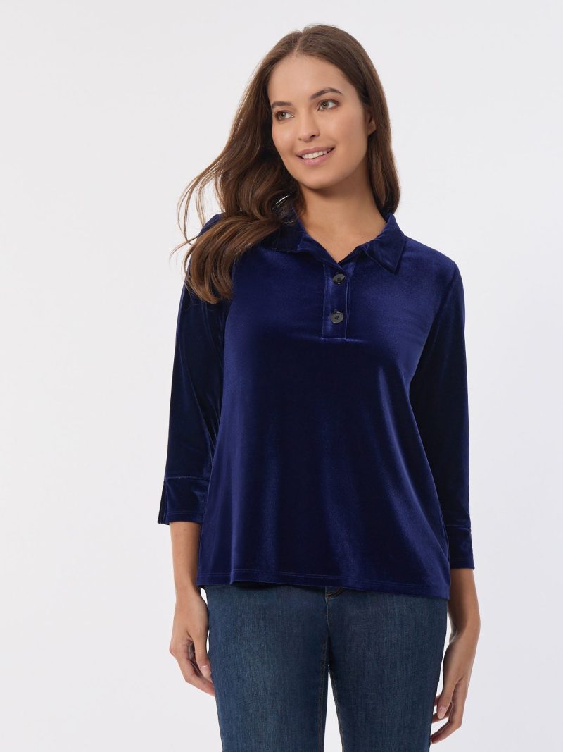 Velour Pop-Over Collar Top in the Color Dark Sapphire | Jones New York