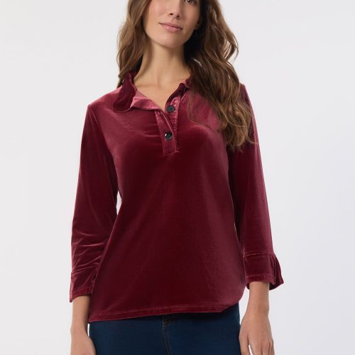 Velour Pop-Over Collar Top in the Color Bordeaux | Jones New York