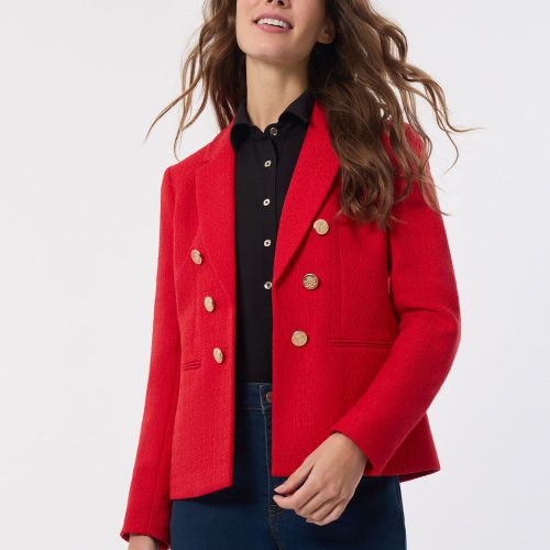 Petite Faux Double Breasted Jacket, Tweed in the Color Deep Rouge | Jones New York