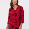 Plus Printed V-Neck Pleated Kelly Blouse in the Color Deep Rouge/Jones Black | Jones New York