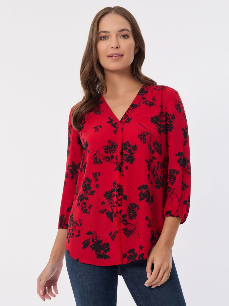 Plus Printed V-Neck Pleated Kelly Blouse in the Color Deep Rouge/Jones Black | Jones New York