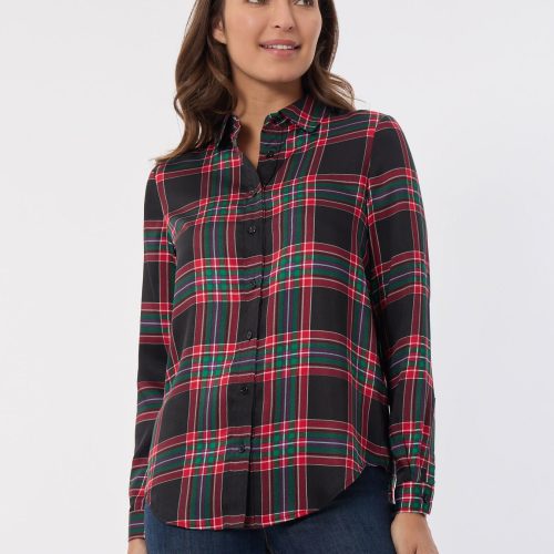 Plaid Button Front Collared Shirt in the Color Deep Rouge Multi | Jones New York