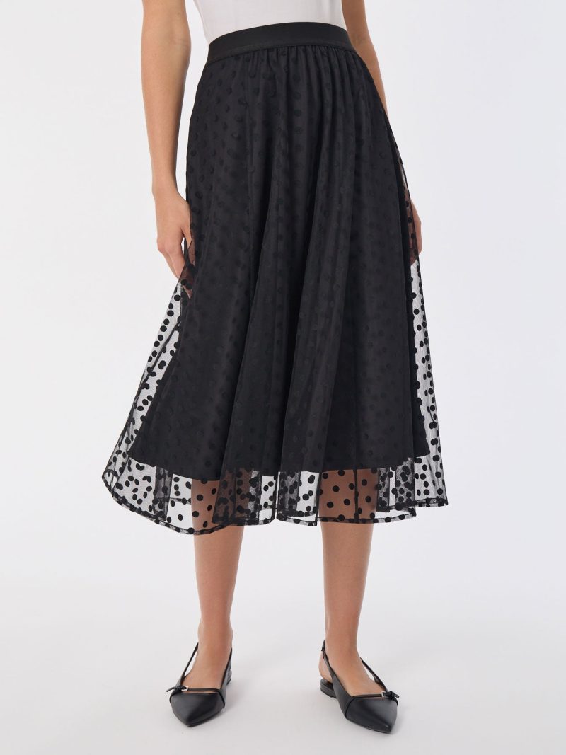 Pull-On Shirred Skirt, Flocked Dot in the Color Jones Black | Jones New York