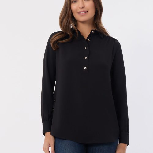 Long Sleeve Popover Tunic, Jasper Crepe in the Color Jones Black | Jones New York