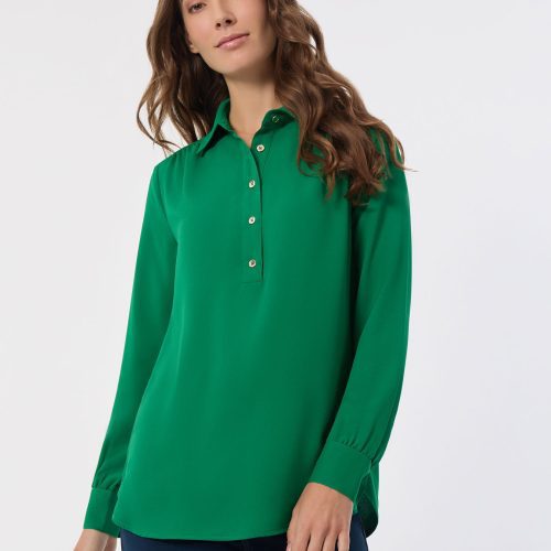 Long Sleeve Popover Tunic, Jasper Crepe in the Color Deep Clover | Jones New York