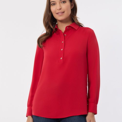 Long Sleeve Popover Tunic, Jasper Crepe in the Color Deep Rouge | Jones New York