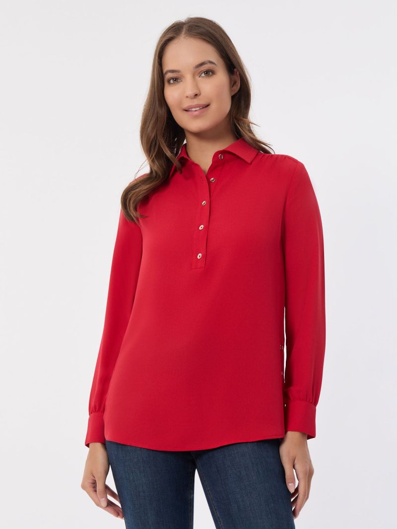 Long Sleeve Popover Tunic, Jasper Crepe in the Color Deep Rouge | Jones New York