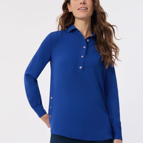 Long Sleeve Popover Tunic, Jasper Crepe in the Color Sapphire | Jones New York