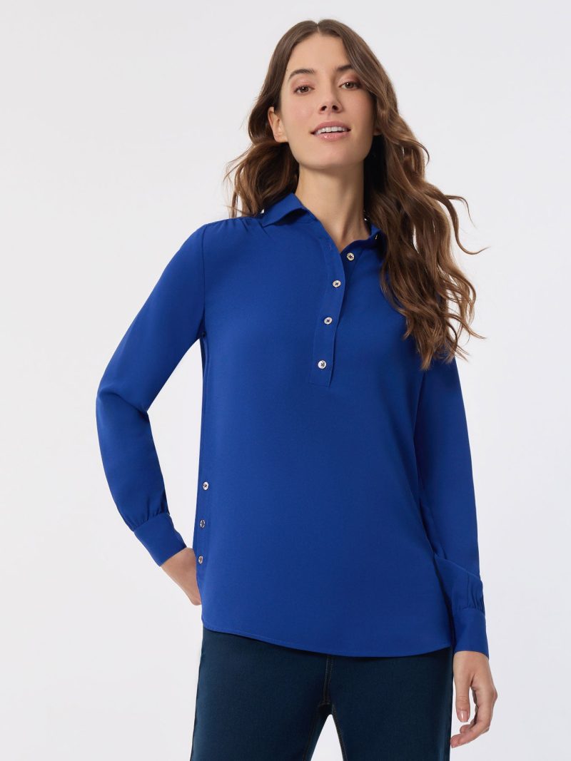 Long Sleeve Popover Tunic, Jasper Crepe in the Color Sapphire | Jones New York