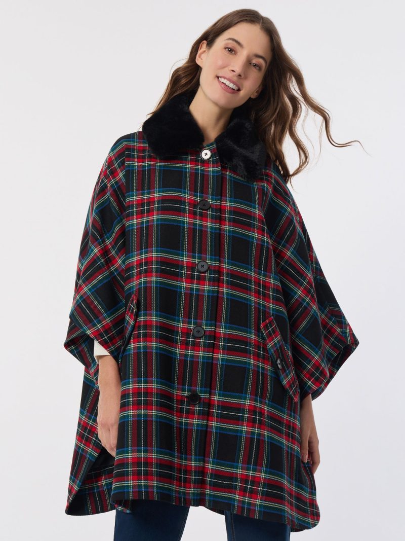 Button-Up Faux Fur Collar Poncho in the Color Deep Rouge/Jones Black Multi | Jones New York