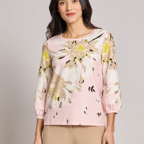 Printed Puff Sleeve Top, Moss Crepe in the Color Petal Pink Multi | Jones New York