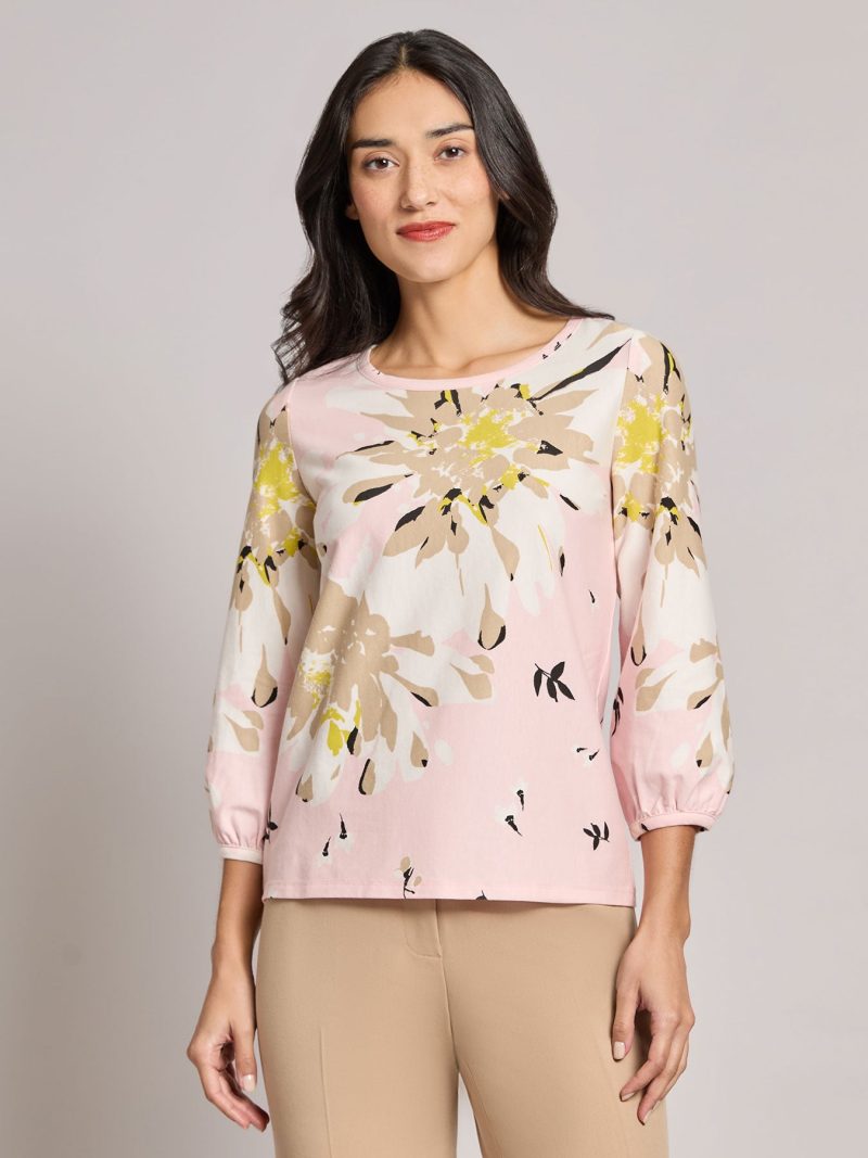 Printed Puff Sleeve Top, Moss Crepe in the Color Petal Pink Multi | Jones New York