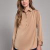 Long Sleeve Collared Popover Blouse, Jasper Crepe in the Color Praline | Jones New York