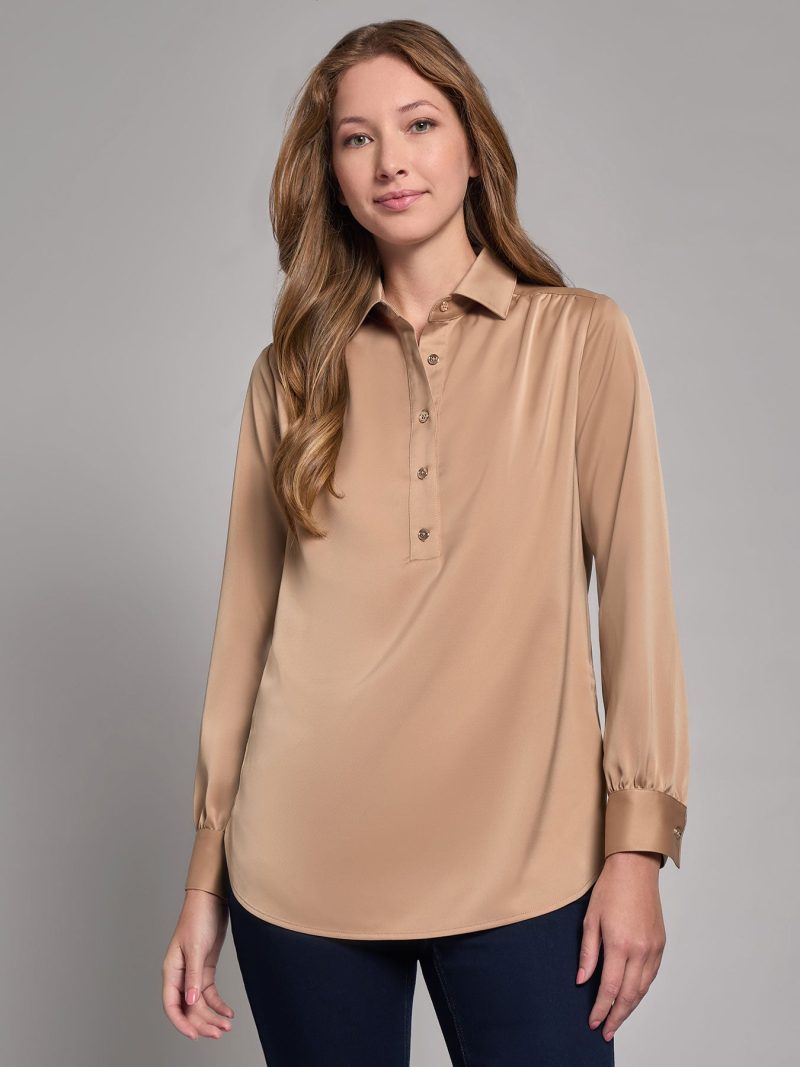 Long Sleeve Collared Popover Blouse, Jasper Crepe in the Color Praline | Jones New York