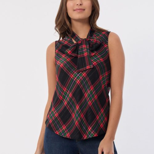 Sleeveless Bow Blouse, Plaid in the Color Deep Rouge Multi | Jones New York