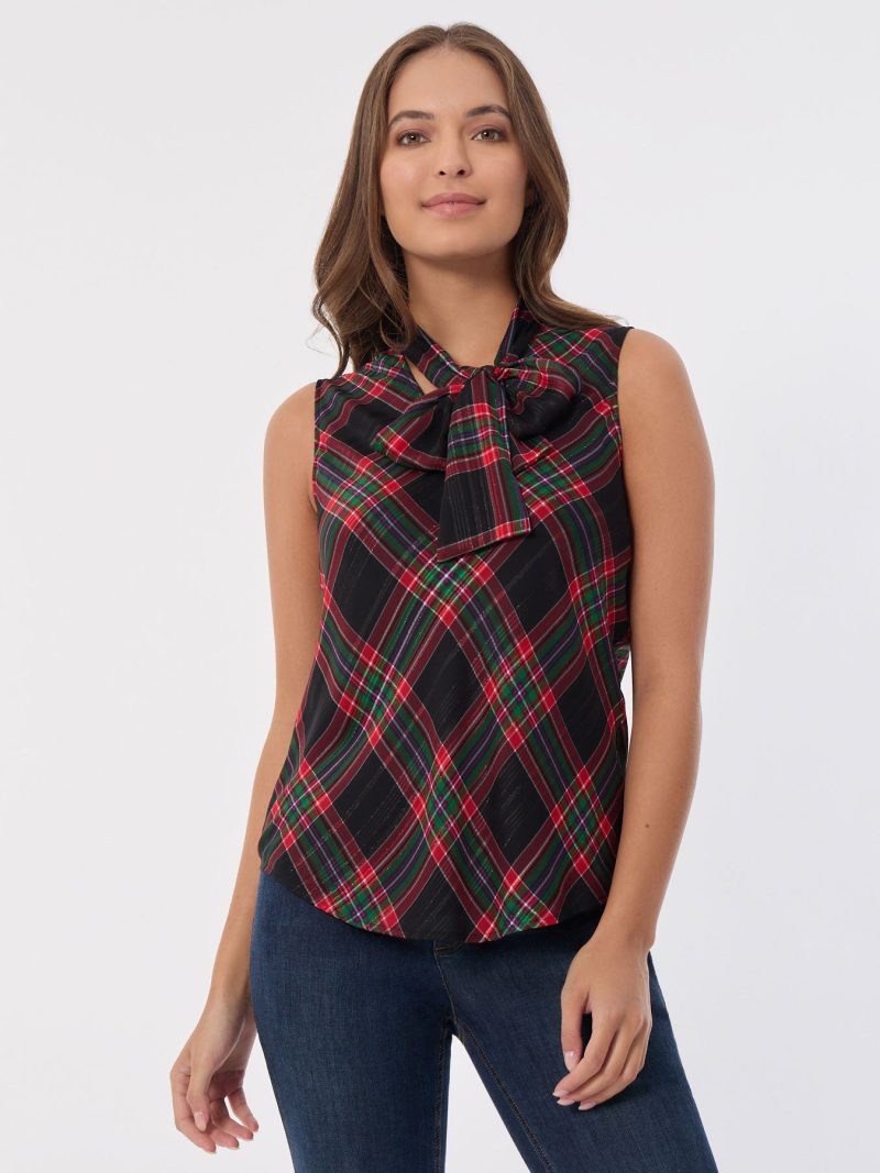 Sleeveless Bow Blouse, Plaid in the Color Deep Rouge Multi | Jones New York