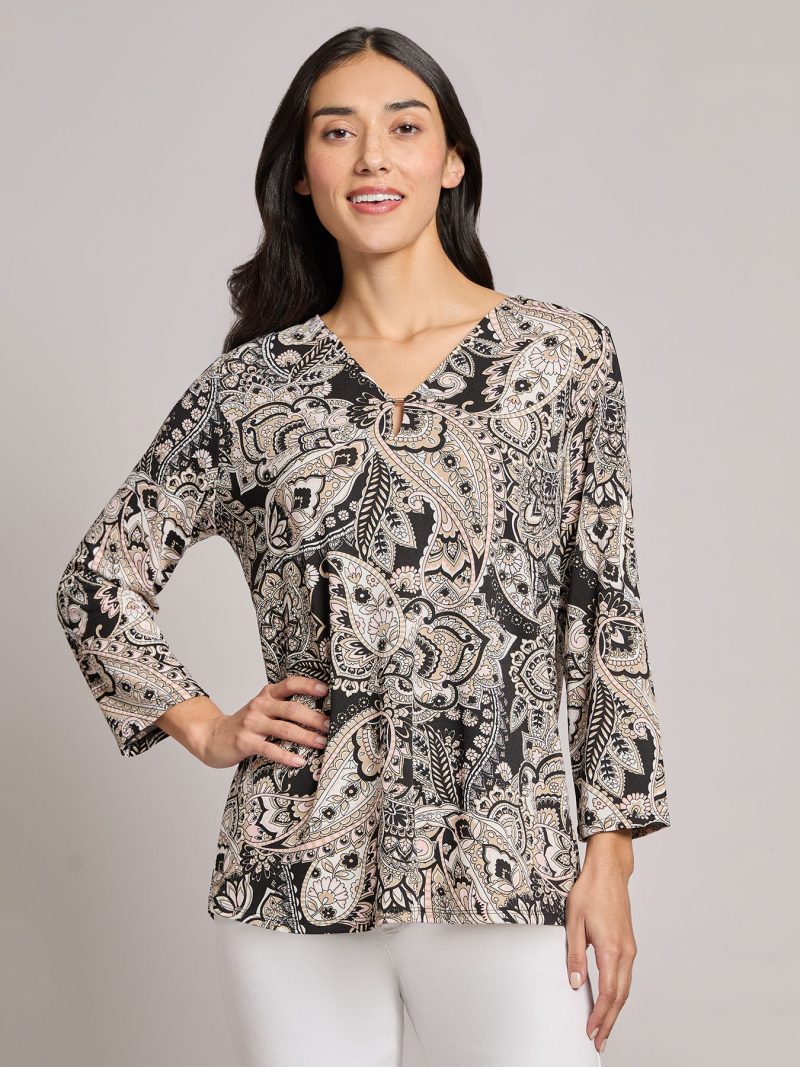 Printed Keyhole Neckline Top, Moss Crepe in the Color Jones Black Multi | Jones New York