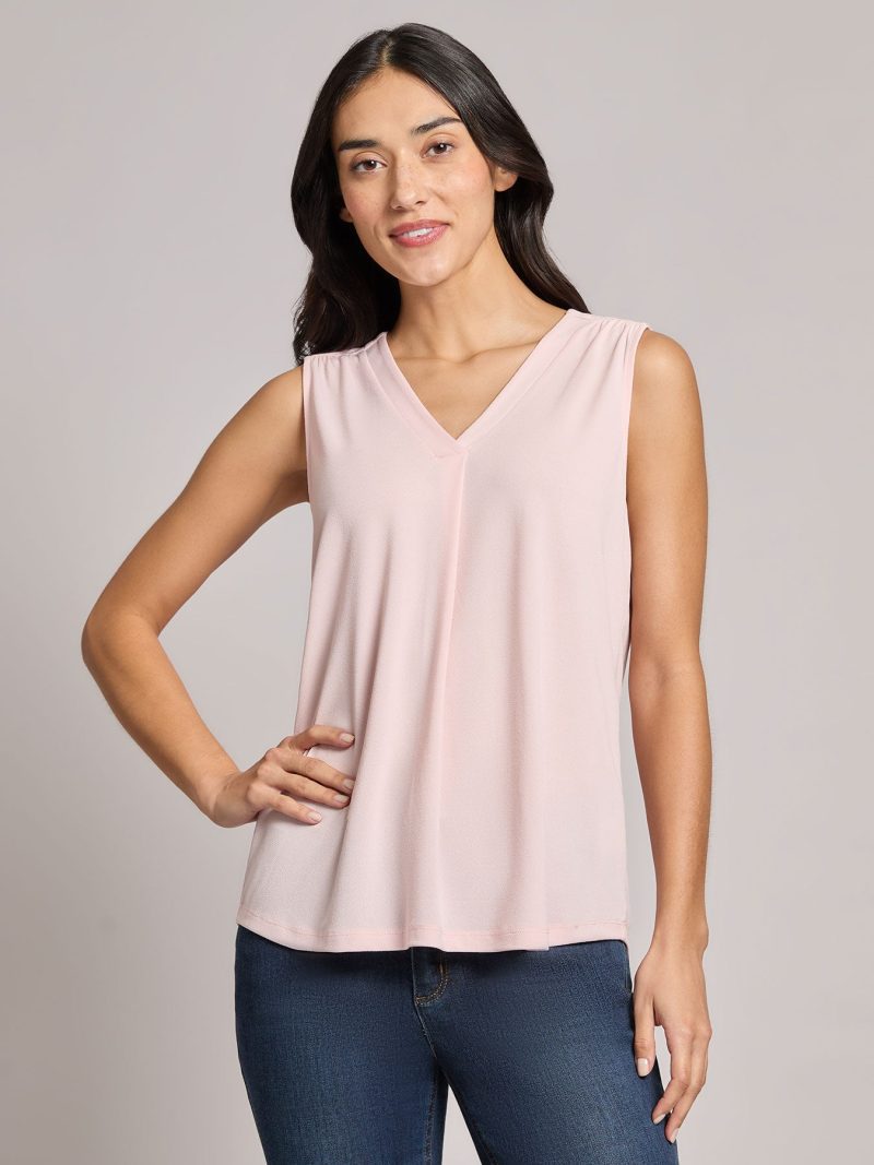 Sleeveless V-Neck Pleat Front Blouse in the Color Petal Pink | Jones New York