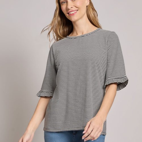 Ruffle Sleeve Stripe Top in the Color Jones Black/Jones White | Jones New York