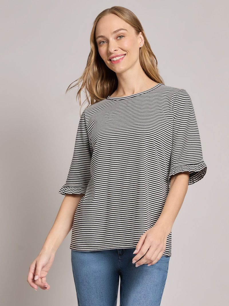 Ruffle Sleeve Stripe Top in the Color Jones Black/Jones White | Jones New York