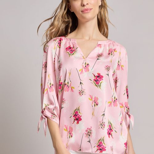 Petite V-Neck Tie-Sleeve Blouse, Hammered Satin in the Color Petal Pink Multi | Jones New York