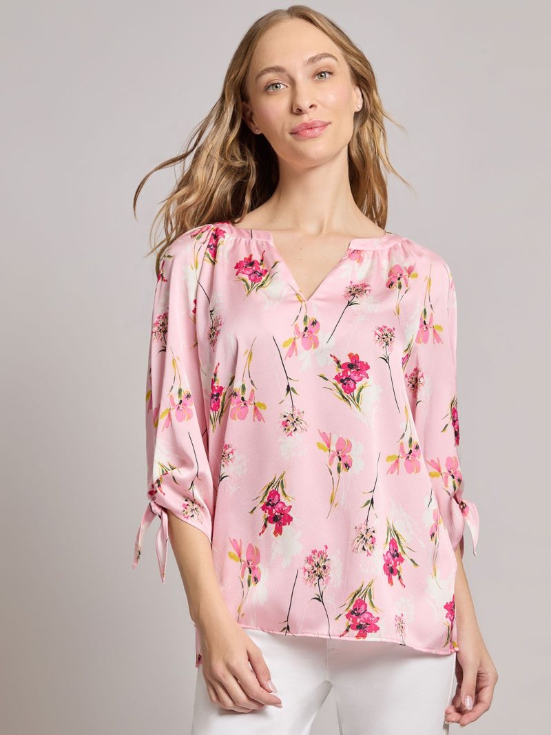 Petite V-Neck Tie-Sleeve Blouse, Hammered Satin in the Color Petal Pink Multi | Jones New York