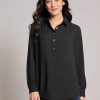 Long Sleeve Collared Popover Blouse, Crepe de Chine in the Color Jones Black | Jones New York