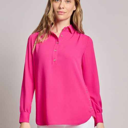 Long Sleeve Collared Popover Blouse, Jasper Crepe in the Color Azalea | Jones New York