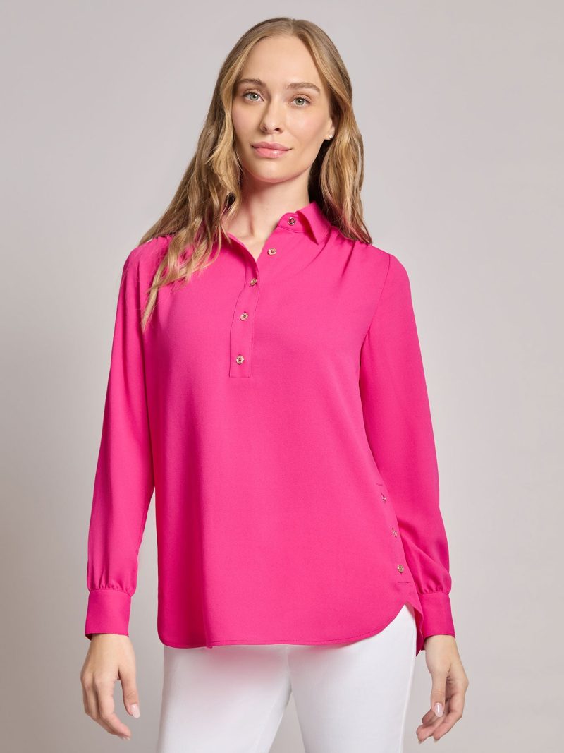 Long Sleeve Collared Popover Blouse, Jasper Crepe in the Color Azalea | Jones New York