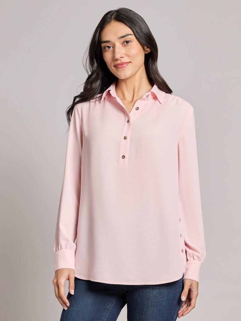 Long Sleeve Collared Popover Blouse, Jasper Crepe in the Color Petal Pink | Jones New York