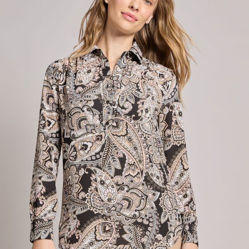 Long Sleeve Collared Popover Blouse, Jasper Crepe in the Color Jones Black Multi | Jones New York