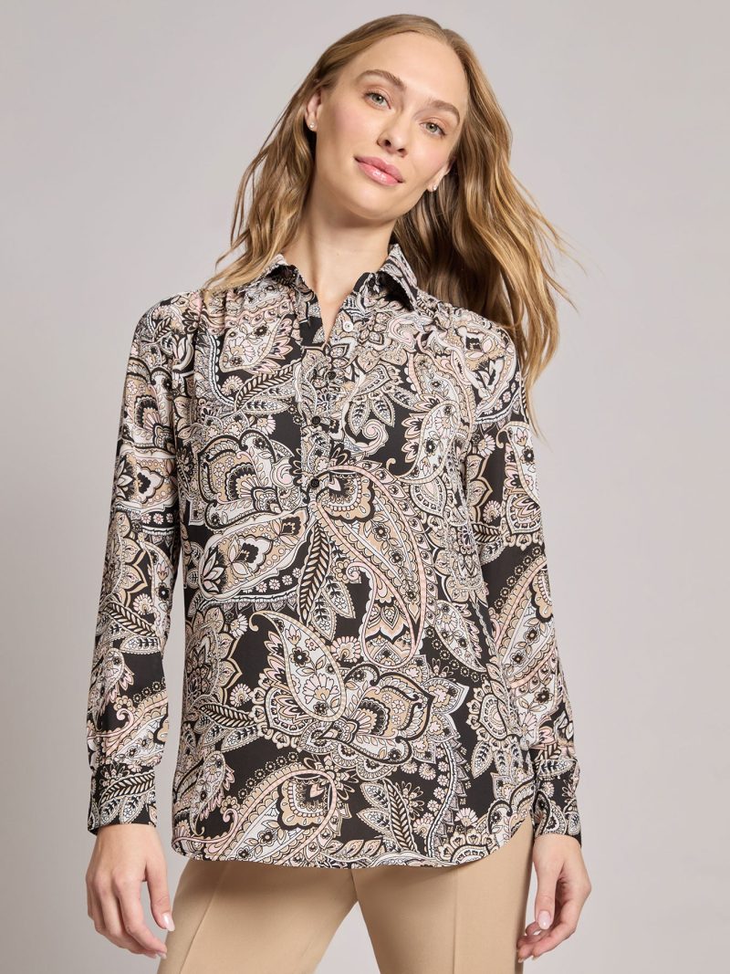 Long Sleeve Collared Popover Blouse, Jasper Crepe in the Color Jones Black Multi | Jones New York