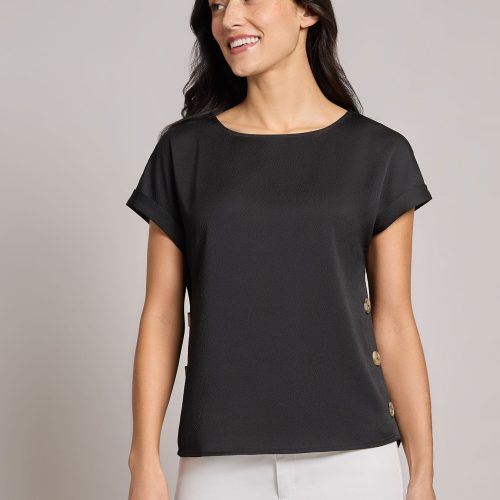 Button Detail Blouse, Hammered Satin in the Color Jones Black | Jones New York