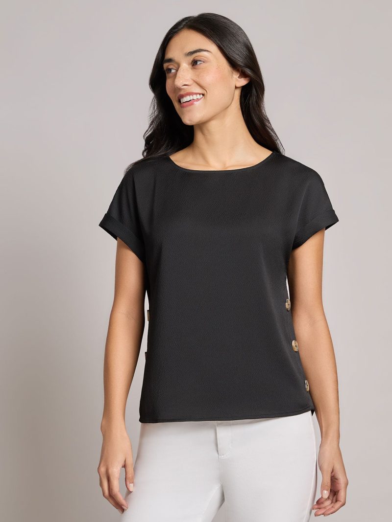 Button Detail Blouse, Hammered Satin in the Color Jones Black | Jones New York