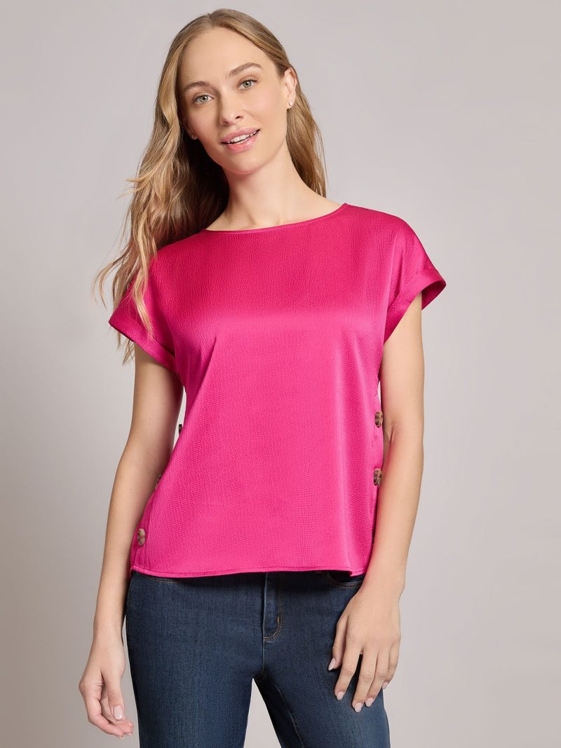 Button Detail Blouse, Hammered Satin in the Color Azalea | Jones New York