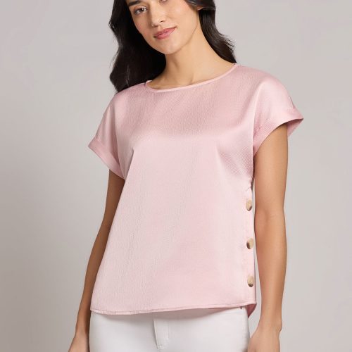 Button Detail Blouse, Hammered Satin in the Color Petal Pink | Jones New York