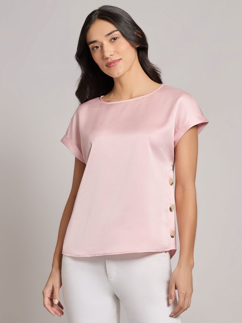 Button Detail Blouse, Hammered Satin in the Color Petal Pink | Jones New York