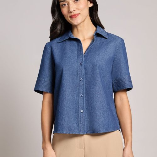 Petite Short Sleeve Button Front Top, Chambray in the Color Dark Wash | Jones New York