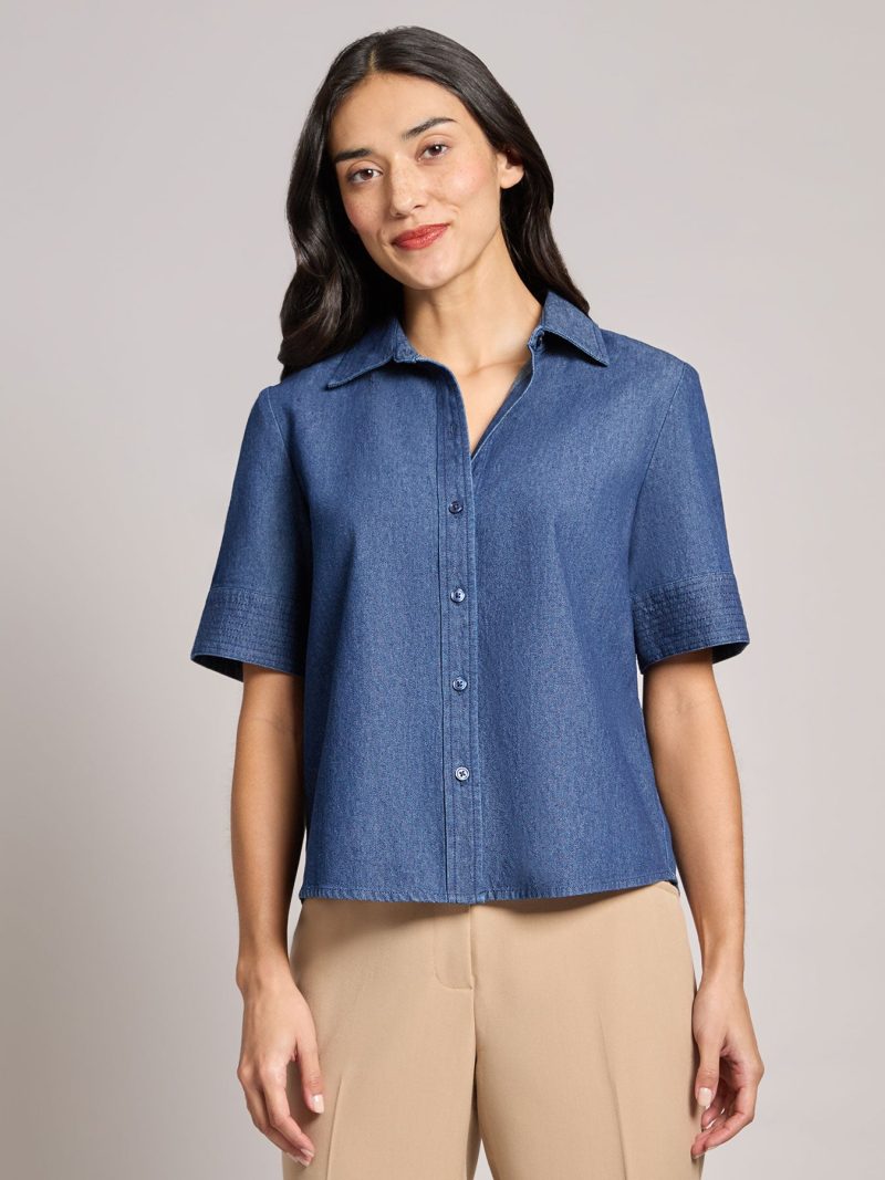 Petite Short Sleeve Button Front Top, Chambray in the Color Dark Wash | Jones New York