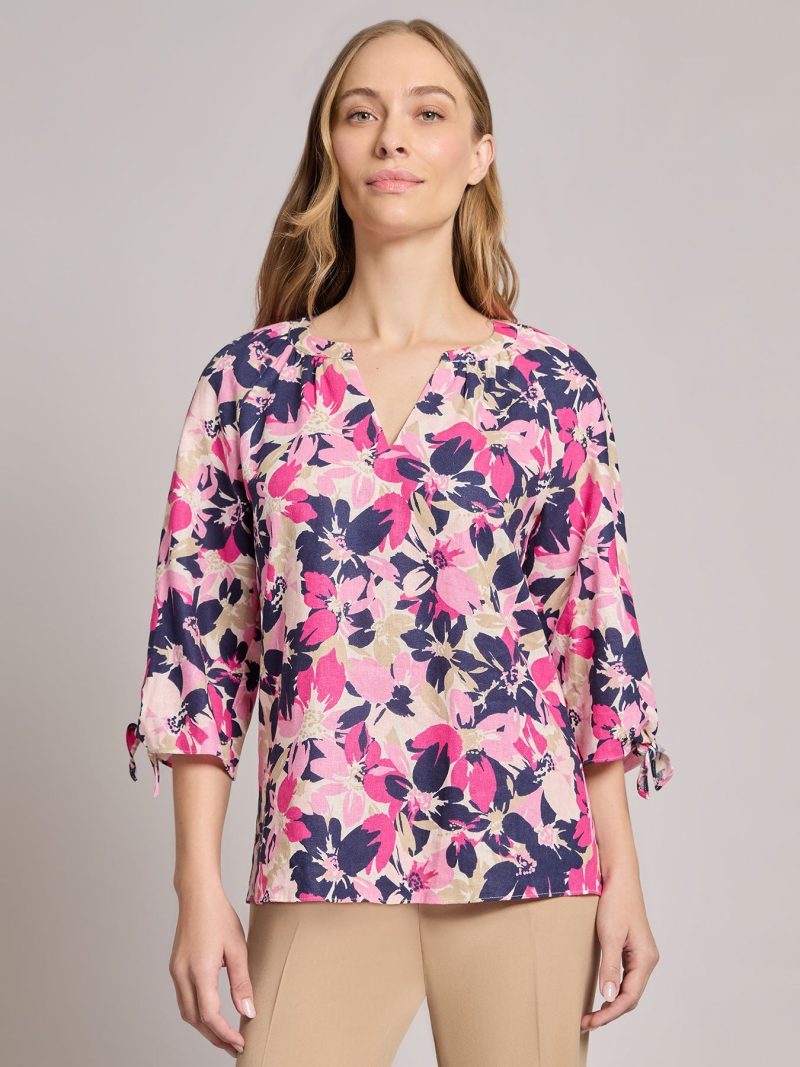 Plus V-Neck Tie-Sleeve Blouse, Printed Linen in the Color Jones White Multi | Jones New York