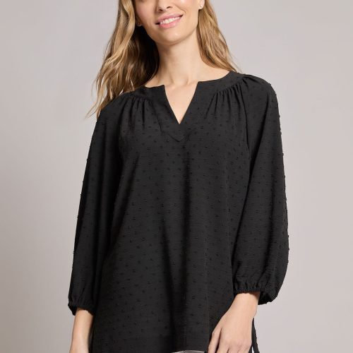 Petite Print V-Neck Pleated Kelly Blouse, Jacquard in the Color Jones Black | Jones New York