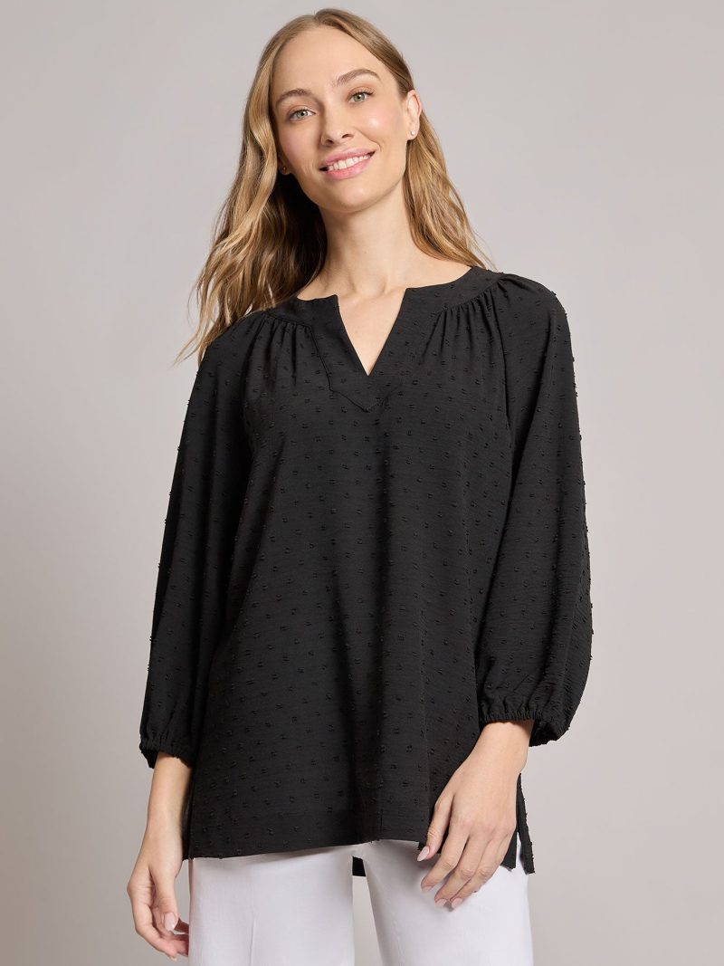 Petite Print V-Neck Pleated Kelly Blouse, Jacquard in the Color Jones Black | Jones New York