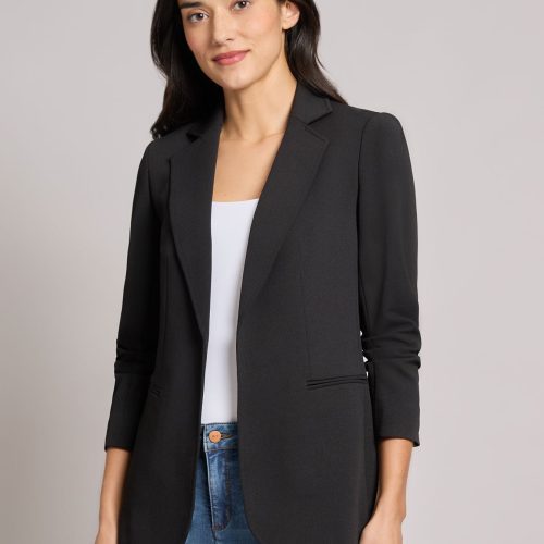 Notch Collar Scrunch Sleeve Jacket in the Color Jones Black | Jones New York