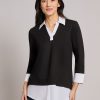 Collared Shirt V-Neck Two-Fer Top in the Color Jones Black/Nyc White | Jones New York